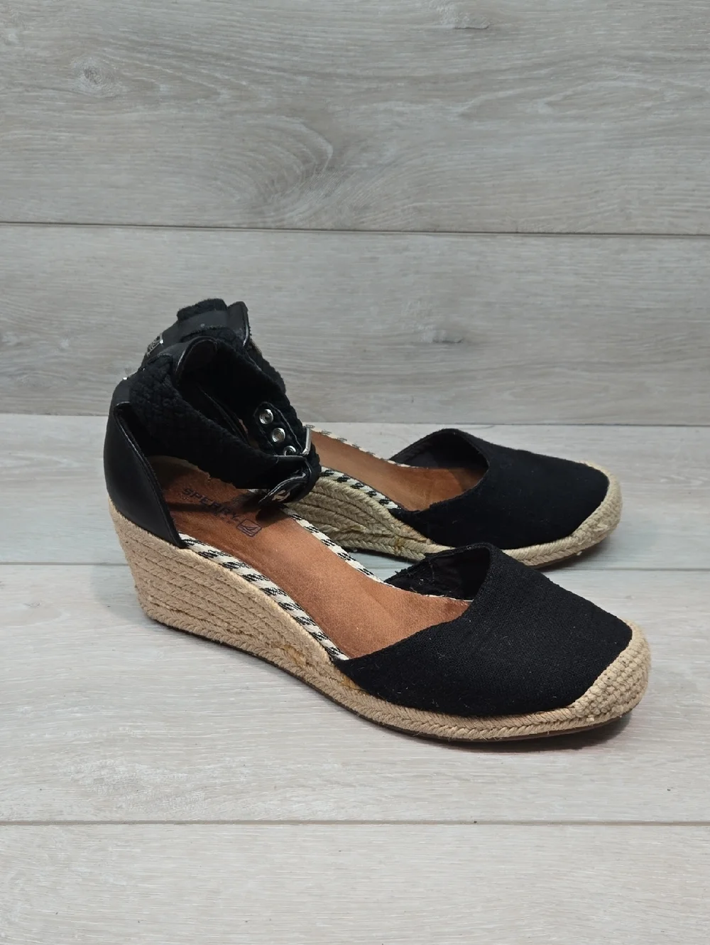 Sperry Women Black Espadrille Wedge Sandals Boho Hobo Shoes Sz 9.5M